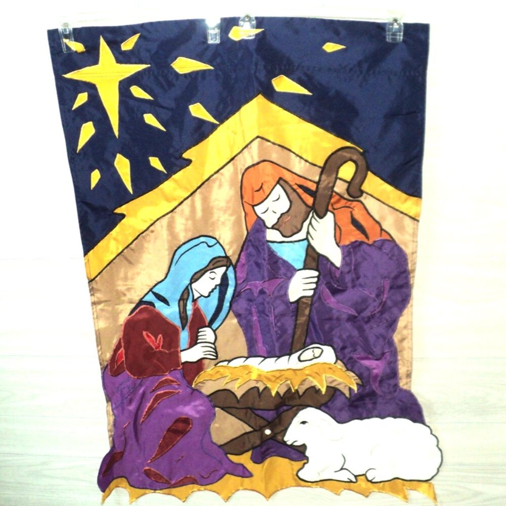 Large Garden Flag Christmas Nativity Mary, Joseph, Jesus in Manger 40.5" x 27.